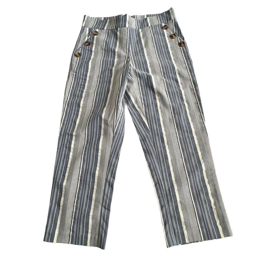 Kate Park Women's Capris Blue White Stripes Buttons Stretch Pockets Size 8